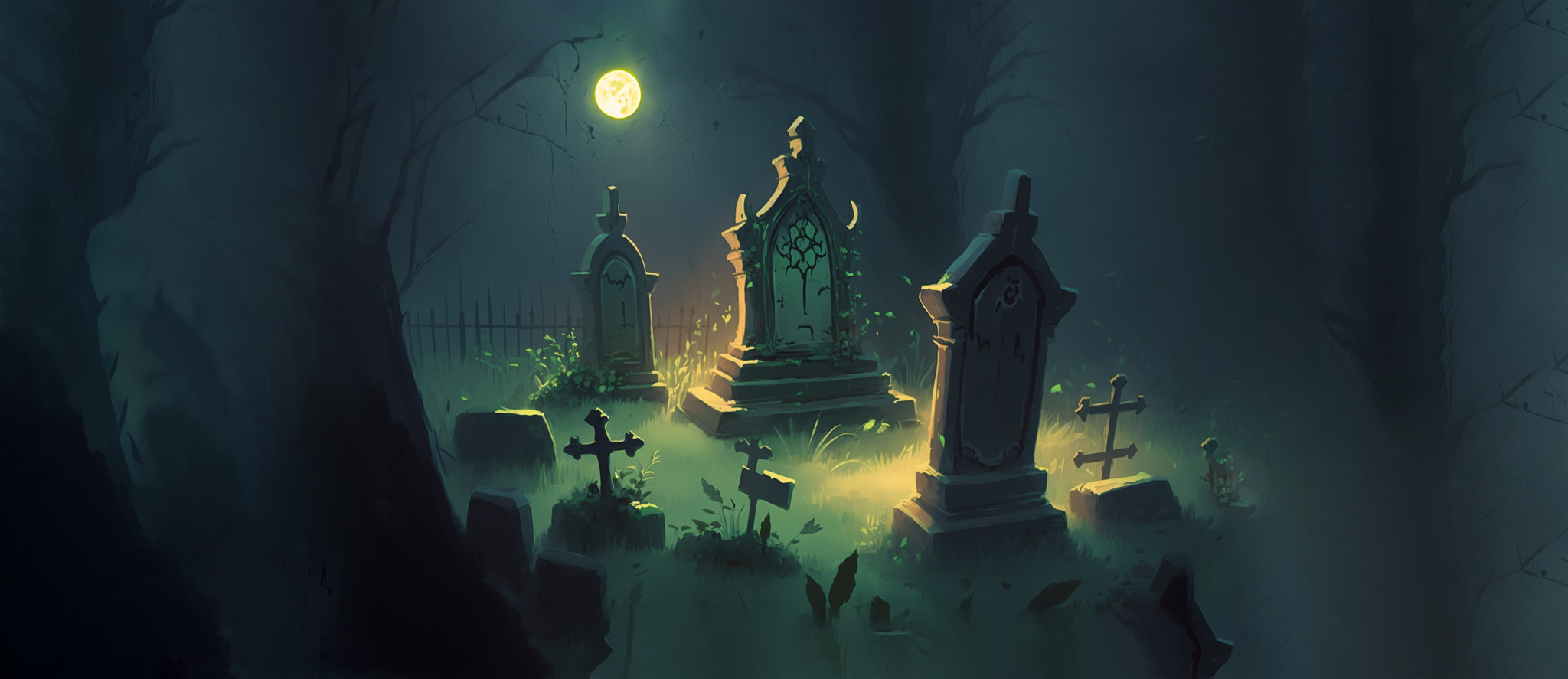 Illustrasjon av en kirkegård om kvelden i månelys